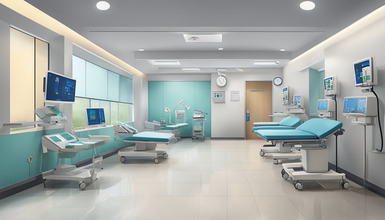A modern hospital clinic interior with medical equipment and signage for Cardiology - Clinic 3A at Tan Tock Seng Hospital