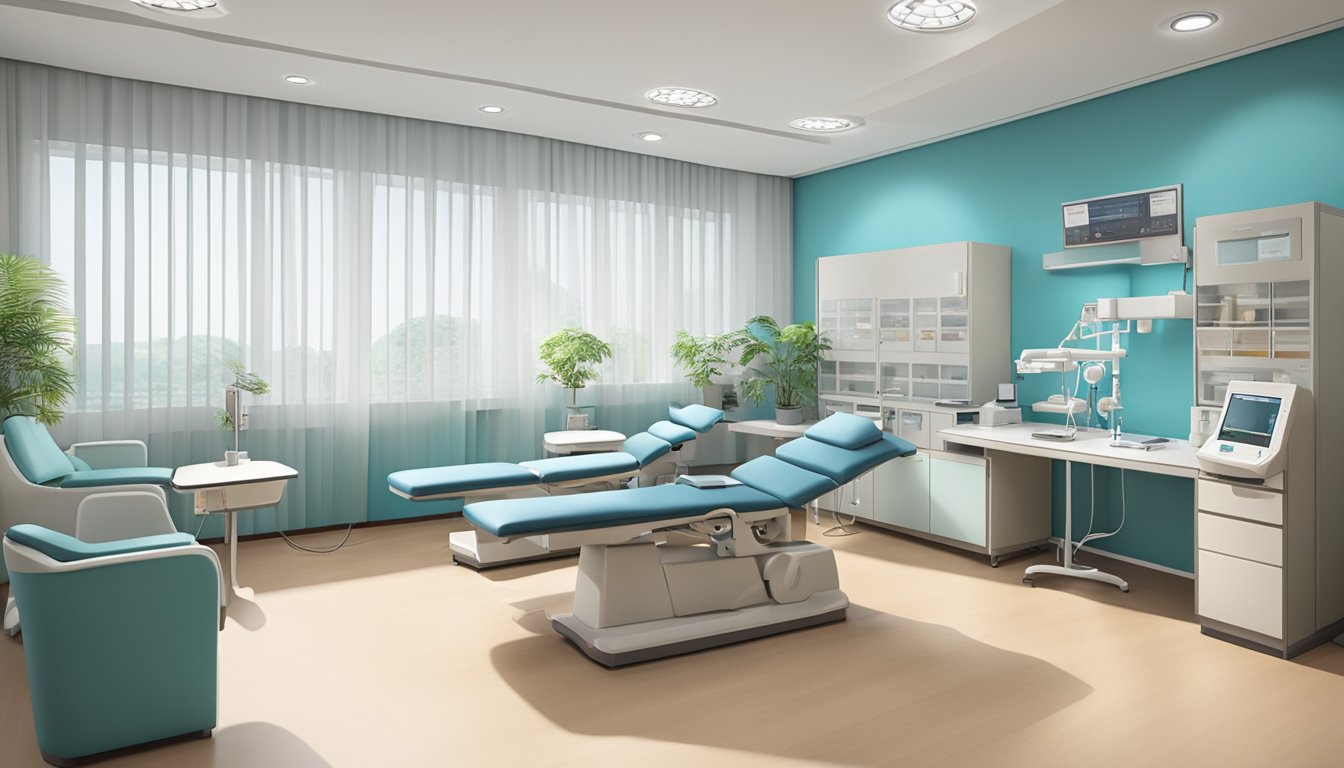 A modern, well-lit cardiologist's office at Tan Tock Seng Hospital, featuring medical equipment and comfortable seating for patients