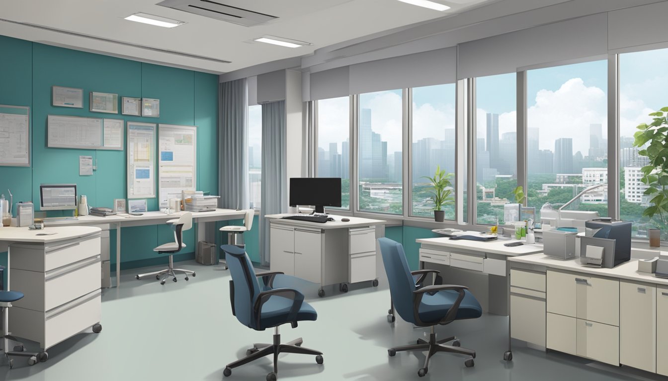 A cardiologist's office at Tan Tock Seng Hospital, equipped with medical equipment and a desk, with a view of the bustling hospital corridors