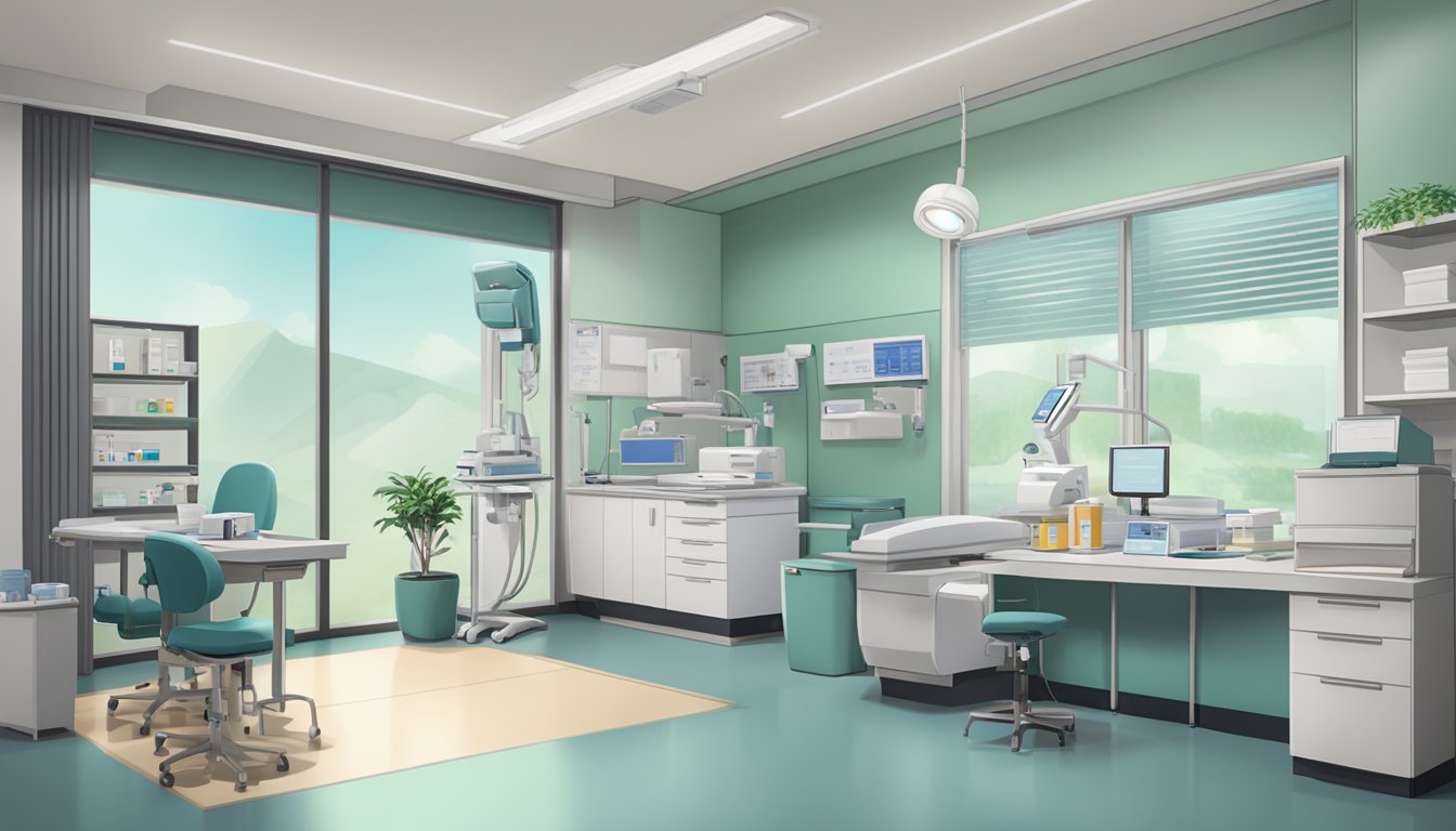 A modern, well-lit clinic room with medical equipment and a desk displaying Dr. Jessica Ng Ke Xuan's name and title