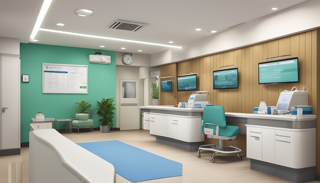 A modern hospital clinic with signage "Clinic 3A – Tan Tock Seng Hospital" and contact details for Dr. Jessica Ng Ke Xuan, SG Cardiologist