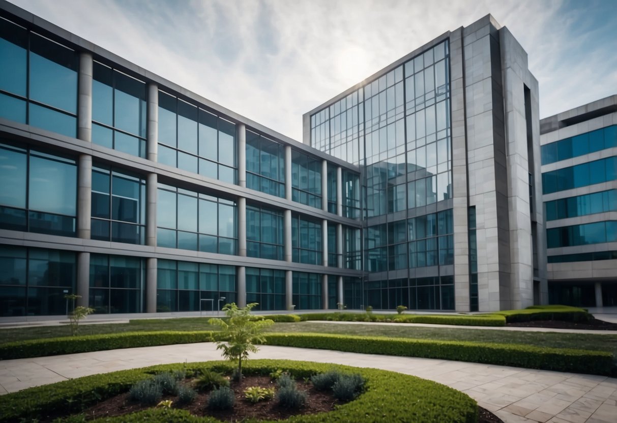 A modern office building with government and organizational logos, symbolizing modernization of administration