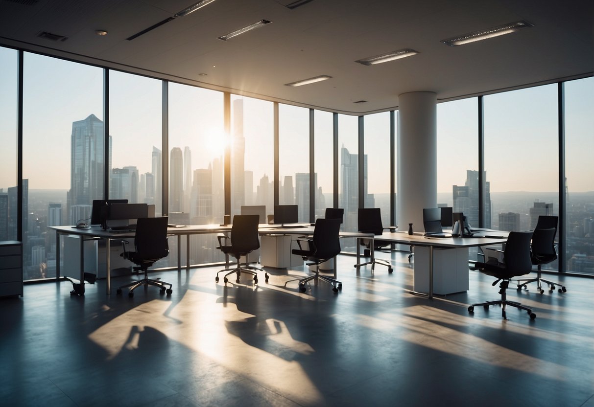 A modern office with sleek, minimalist design. Technology and paperwork coexist. Light streams in through large windows, symbolizing progress and innovation