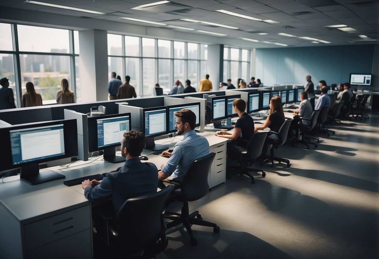 A modern office setting with computer screens, a help desk, and people waiting in line