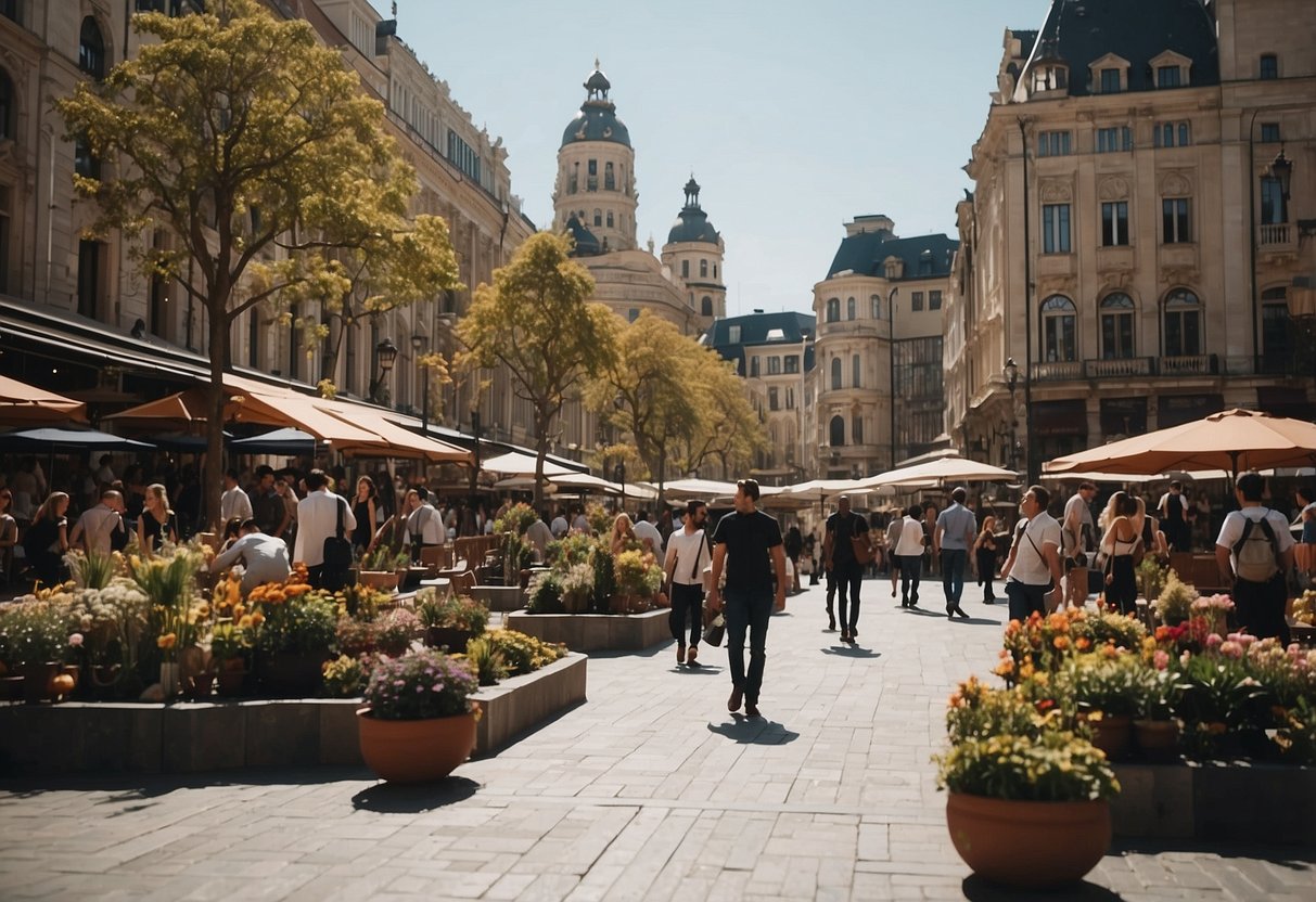 A bustling city square with diverse buildings and people, showcasing the vibrancy and diversity of public innovation