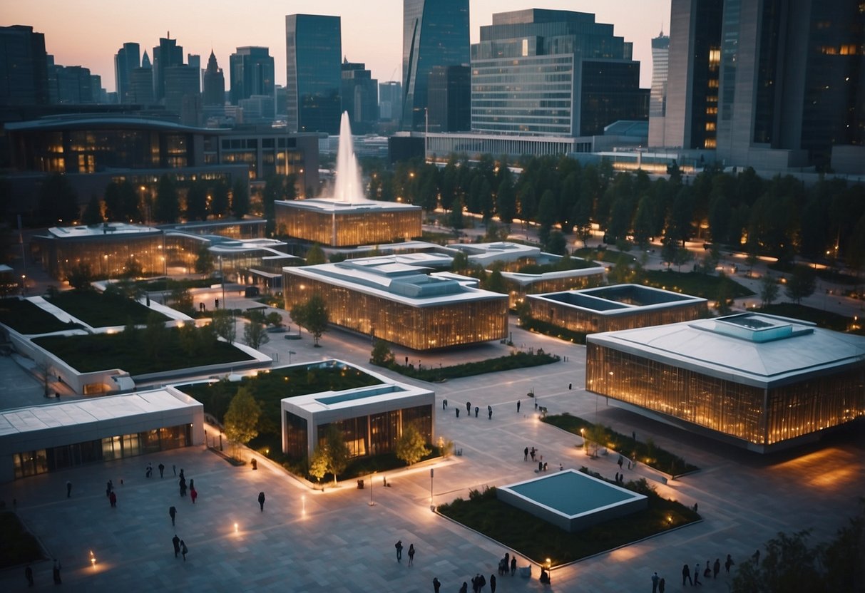 A bustling city square with modern government buildings, innovative technology, and engaged citizens interacting with public services