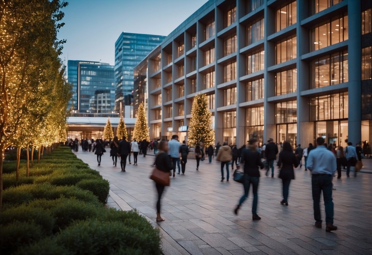 A bustling city square with modern architecture and vibrant colors, showcasing innovative public services and technologies