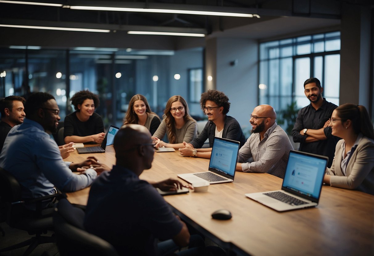 A group of individuals engaging in training and skill development for public innovation. Various learning activities and collaborative discussions taking place in a modern and dynamic environment