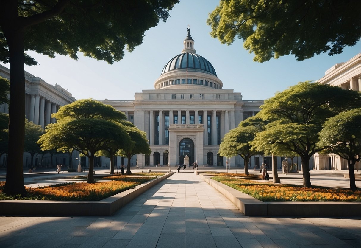 A government building with modern architecture and a bustling public square, surrounded by symbolic statues and vibrant greenery