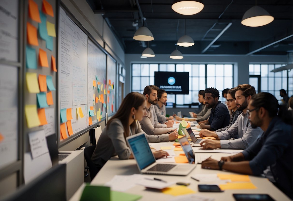 A bustling public innovation lab, with diverse teams collaborating on projects, surrounded by whiteboards, post-it notes, and cutting-edge technology