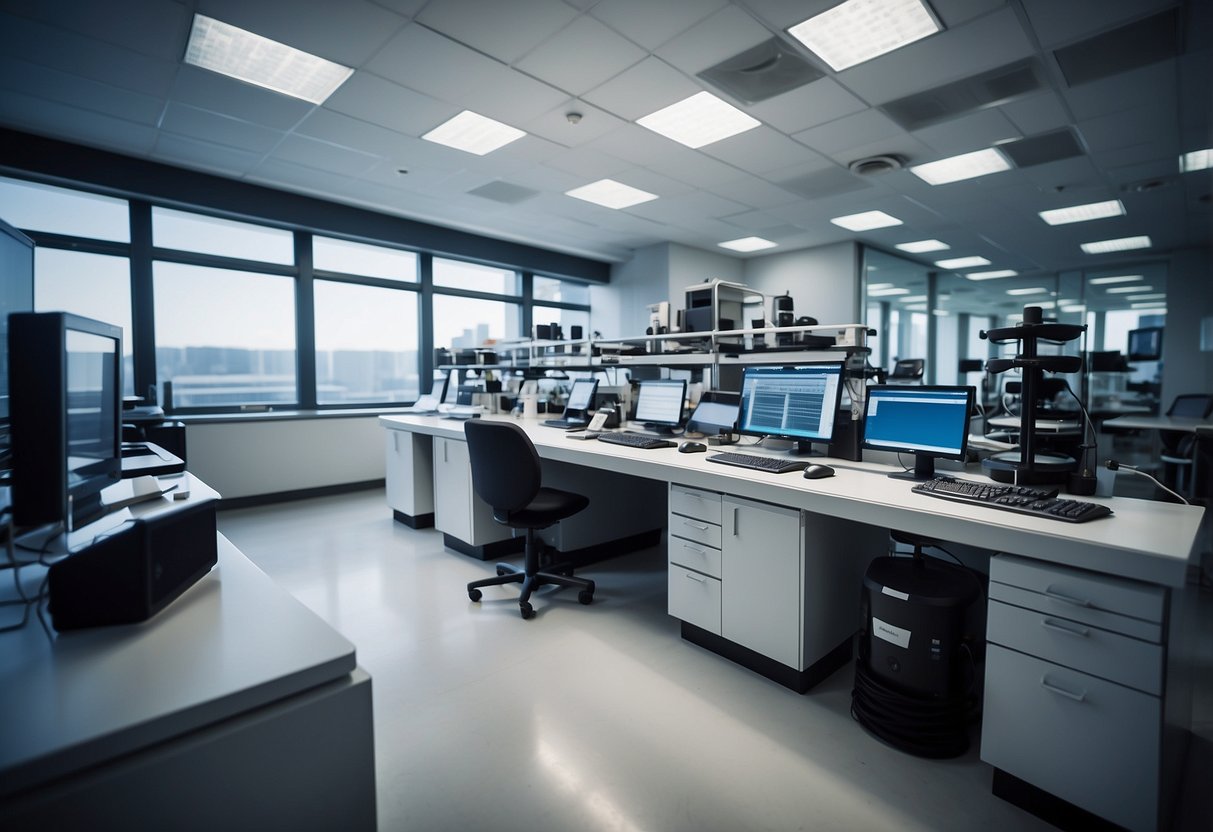 A laboratory setting with modern equipment, collaborative workspaces, and innovative design elements