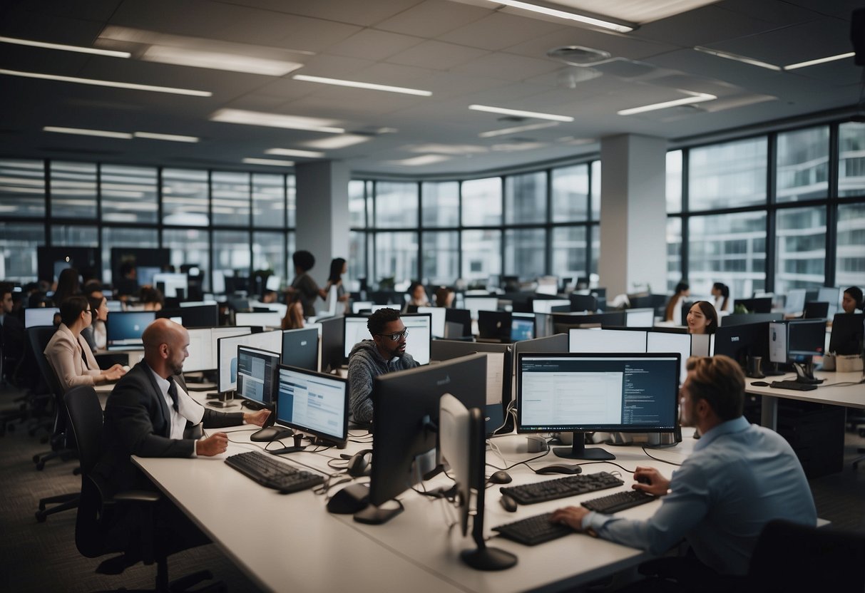 A bustling office with diverse teams collaborating on digital transformation projects, surrounded by modern technology and innovative workspaces