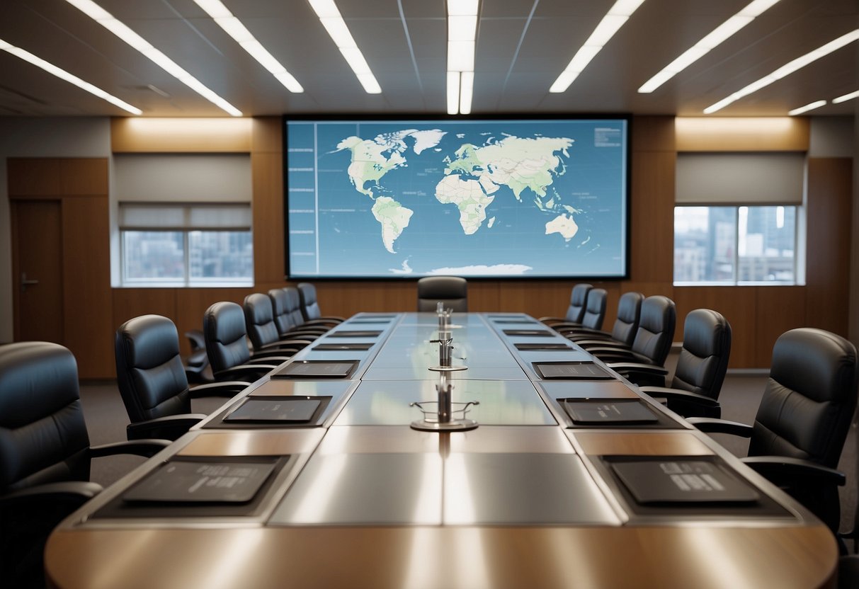 A boardroom table with documents and charts, surrounded by chairs. A projector displays a slide titled "Gouvernance et Méthodologie d'Évaluation Programme d’investissements d'avenir (PIA)"