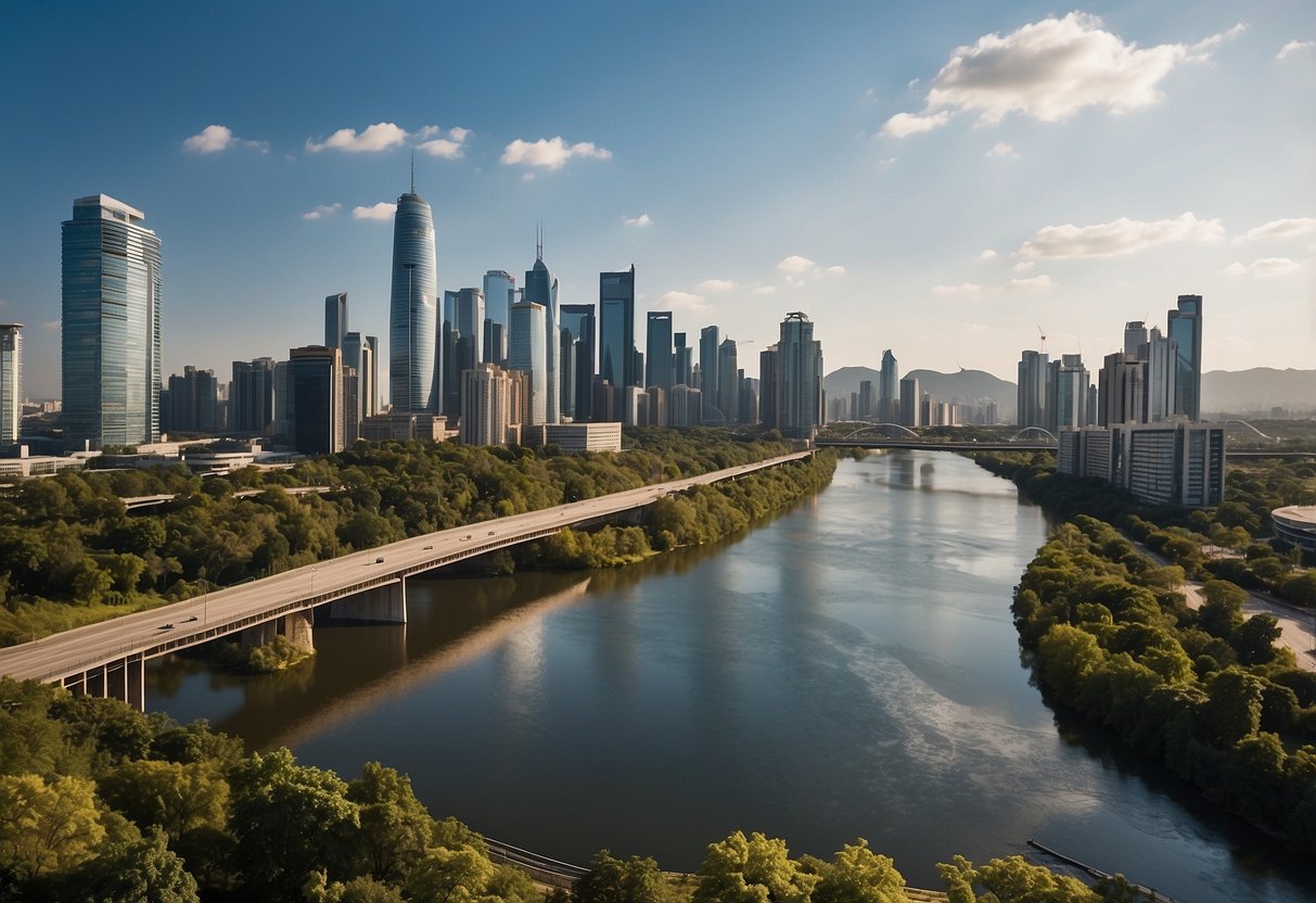 A bustling city skyline with modern buildings and infrastructure, surrounded by lush greenery and flowing rivers, showcasing the progress and development of the regional and territorial impacts investment program