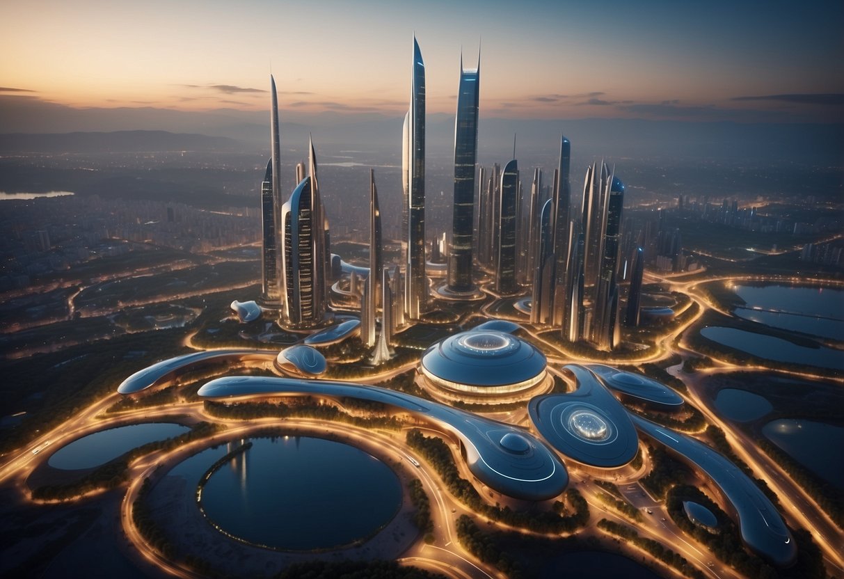 A futuristic city skyline with innovative architecture and advanced infrastructure, showcasing the potential of the Perspectives Futures et Défis Programme d’investissements d’avenir (PIA)