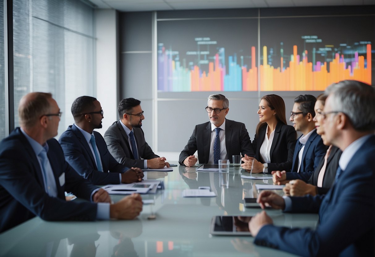 A group of government officials meet at a modern conference table, discussing digital initiatives. Charts and graphs adorn the walls, showcasing data and progress