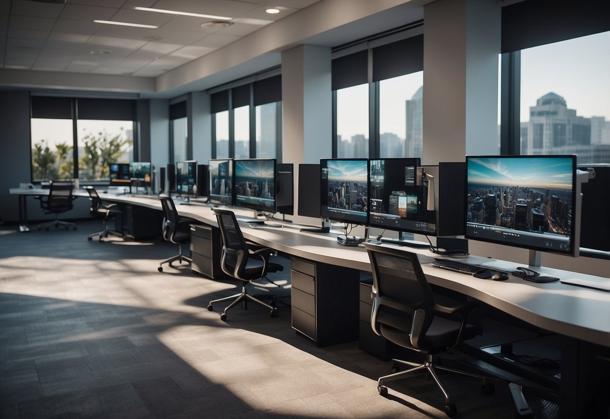 A modern office space with digital screens, computers, and tech equipment. The room is filled with natural light and features a sleek, minimalist design