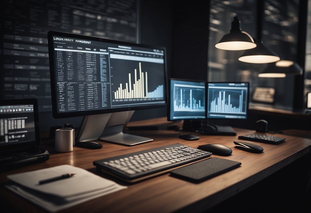 A desk with a computer, files, and a performance management manual. Charts and graphs on the wall. A clock showing 9:00