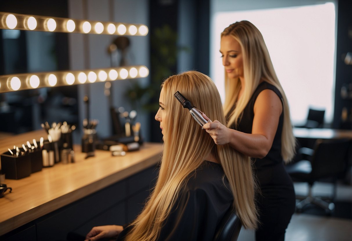 Fusion hair extensions: A stylist measures and applies individual strands of hair using a heating tool. A client sits in a salon chair, surrounded by hair products and tools