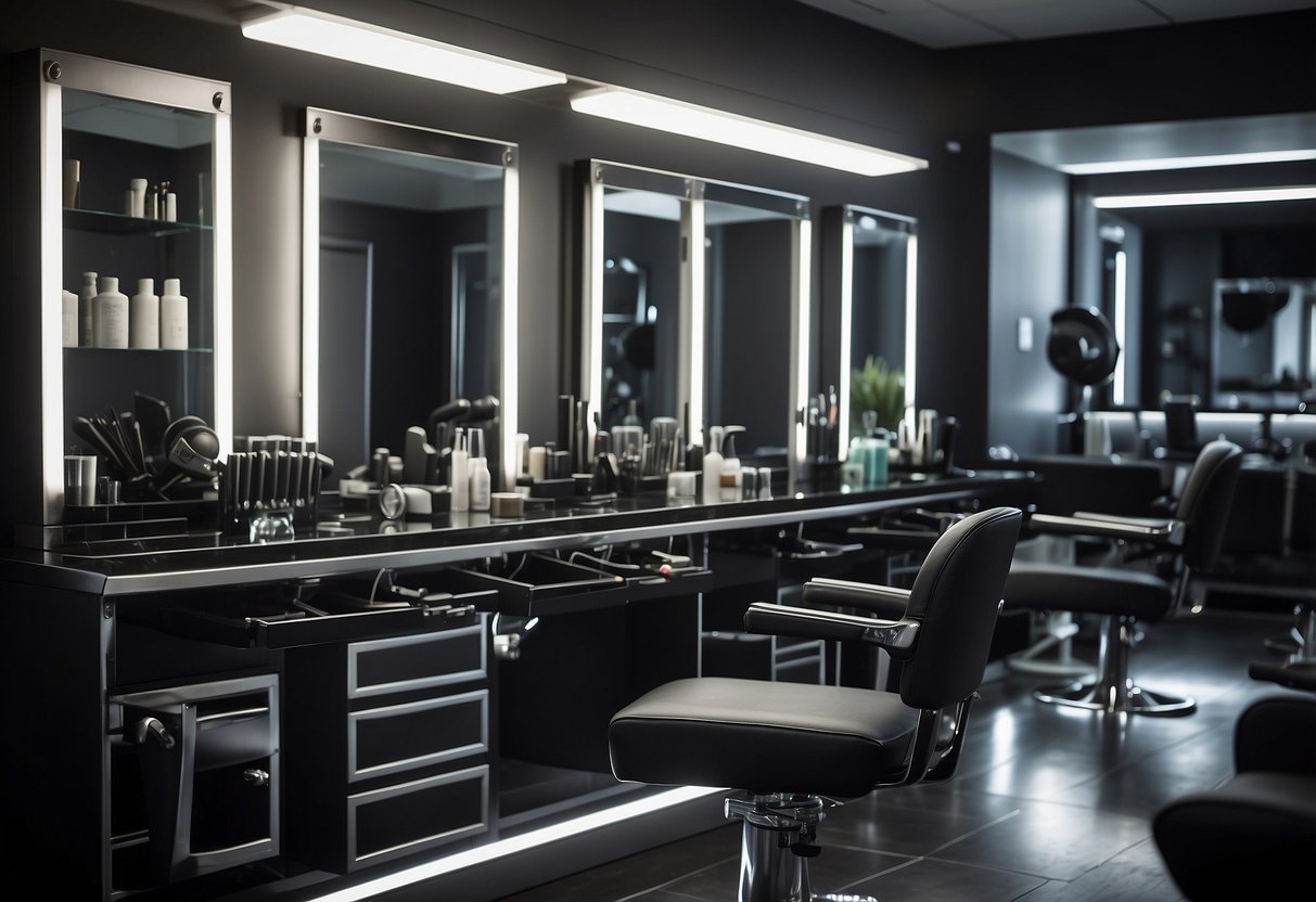 A salon workstation with hair extensions tools and safety equipment