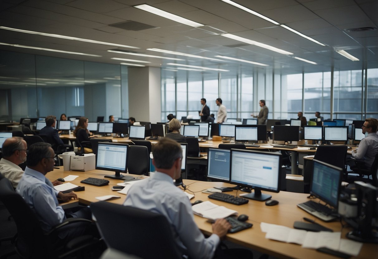 A bustling government office with researchers and policymakers collaborating on e-administration policies and future research. Technology and data are central to their discussions