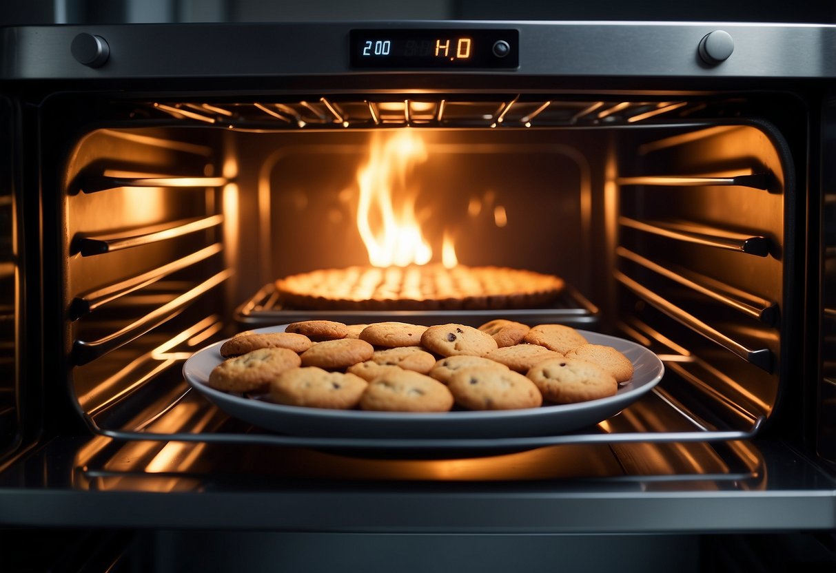 A kitchen oven with a digital display showing the temperature and a timer set for the baking time. A tray of cookies or a cake inside the oven