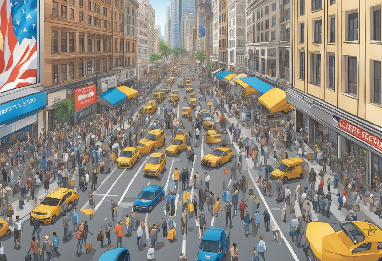 A bustling city street with a prominent Liberty Seguros billboard, surrounded by various insurance company logos and a diverse crowd of people