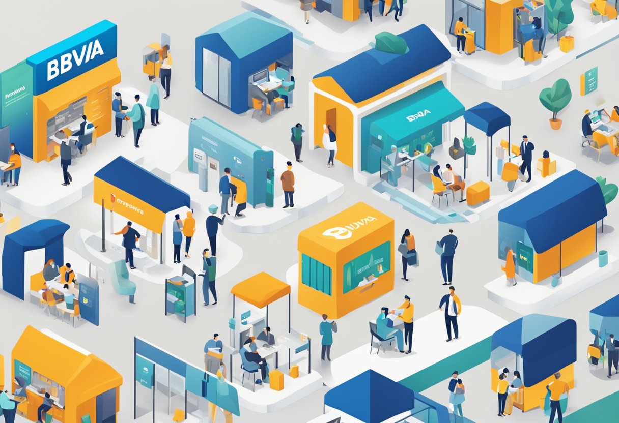 A bustling digital marketplace with 20 top insurance platforms, showcasing a variety of life insurance options, with the BBVA Seguros logo prominently displayed