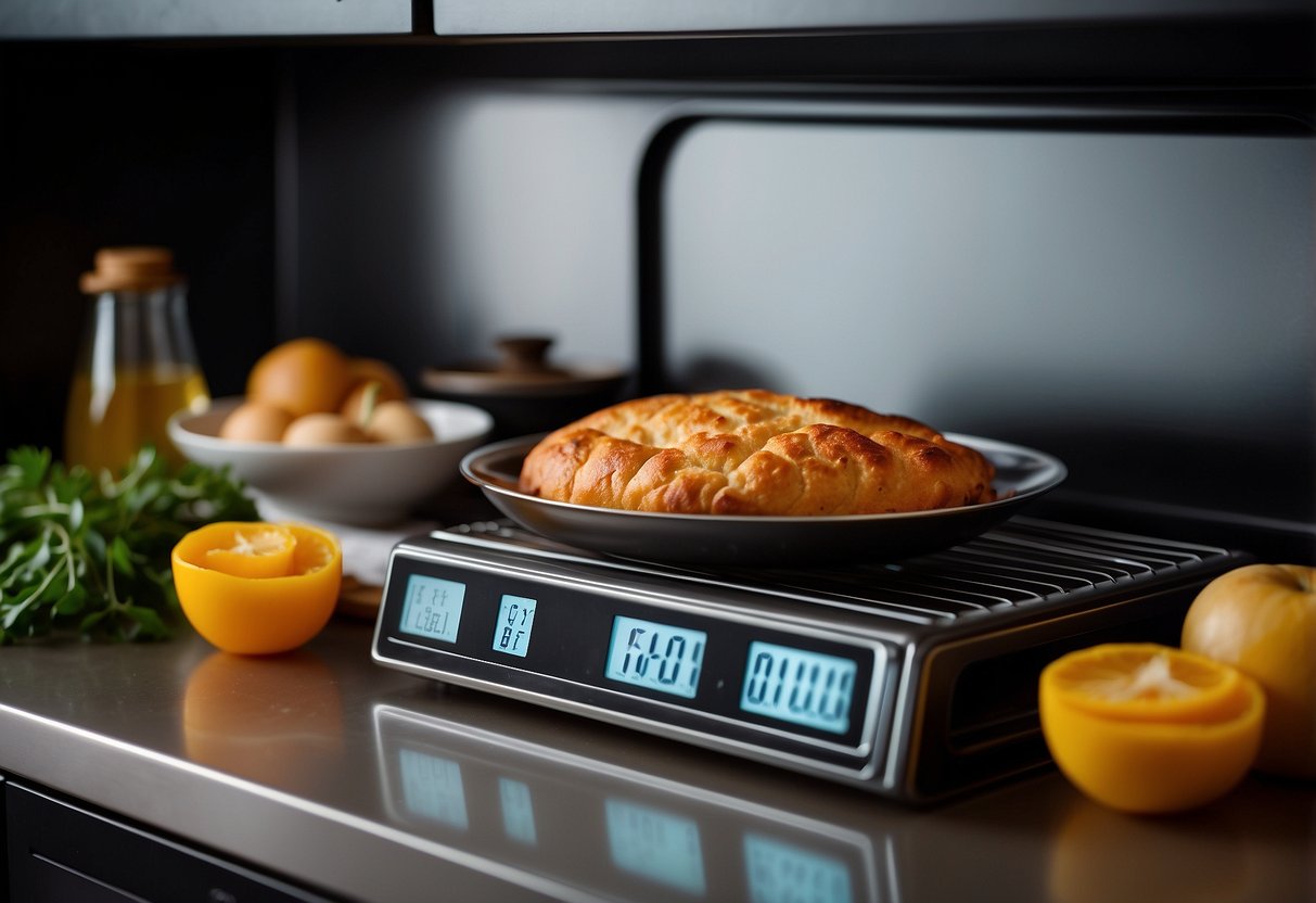 A kitchen oven with a digital display showing baking temperatures and a timer set for a specific time. Ingredients and utensils arranged neatly on the countertop