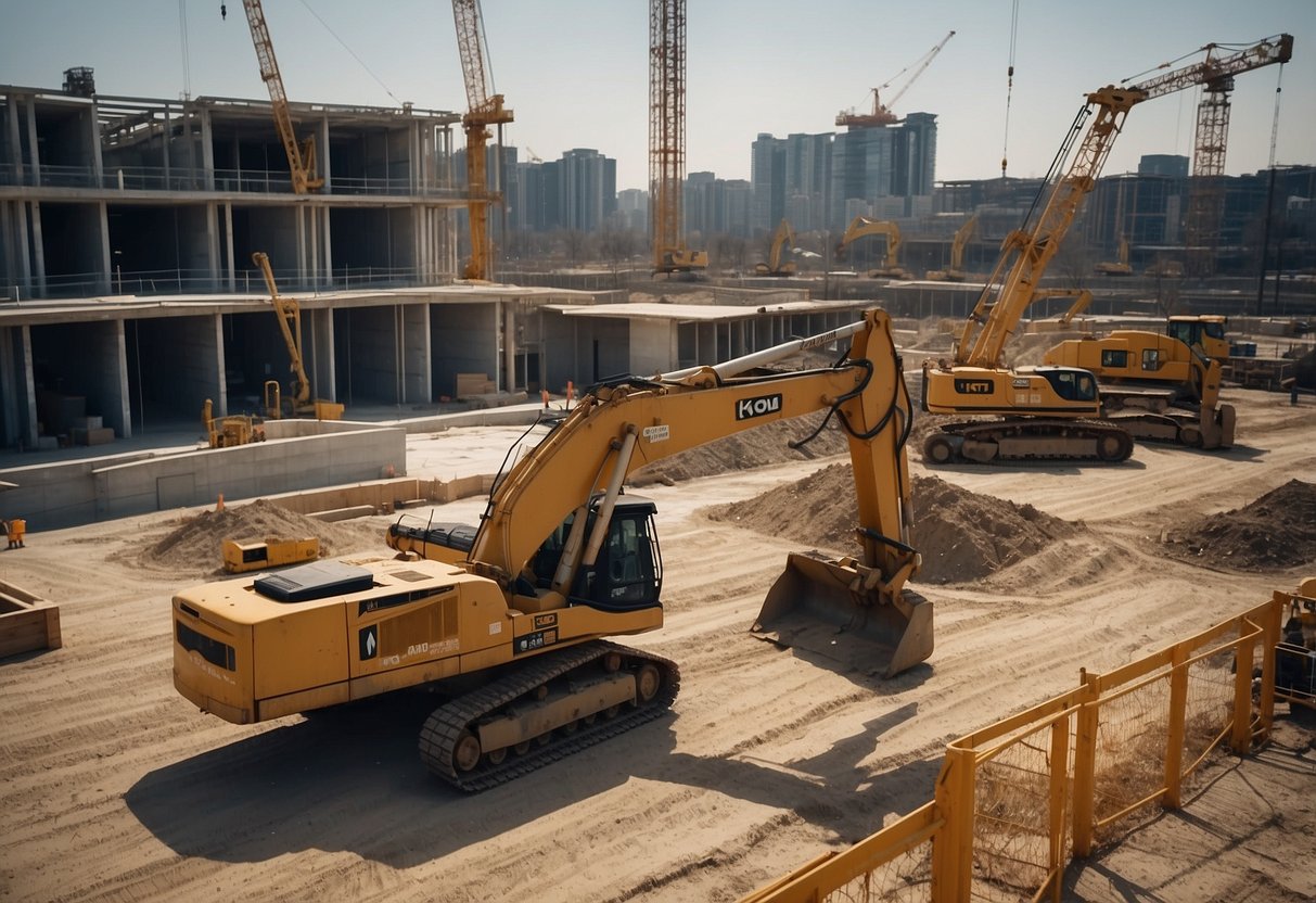 A construction site with various equipment and materials, including cranes, trucks, and building structures, all labeled with "TP01" and "public contracts" indicators