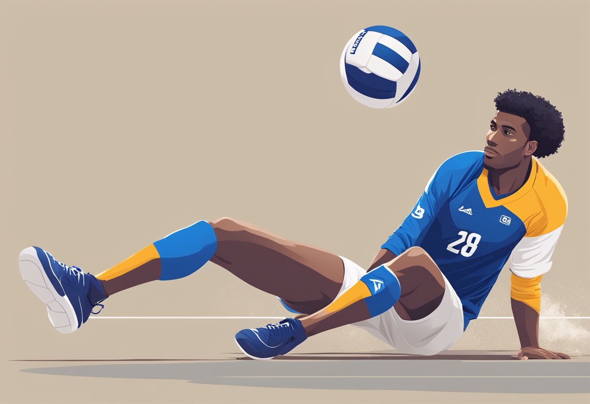 A libero in volleyball, wearing a contrasting jersey, crouches low to the ground, ready to receive or pass the ball with precision and agility