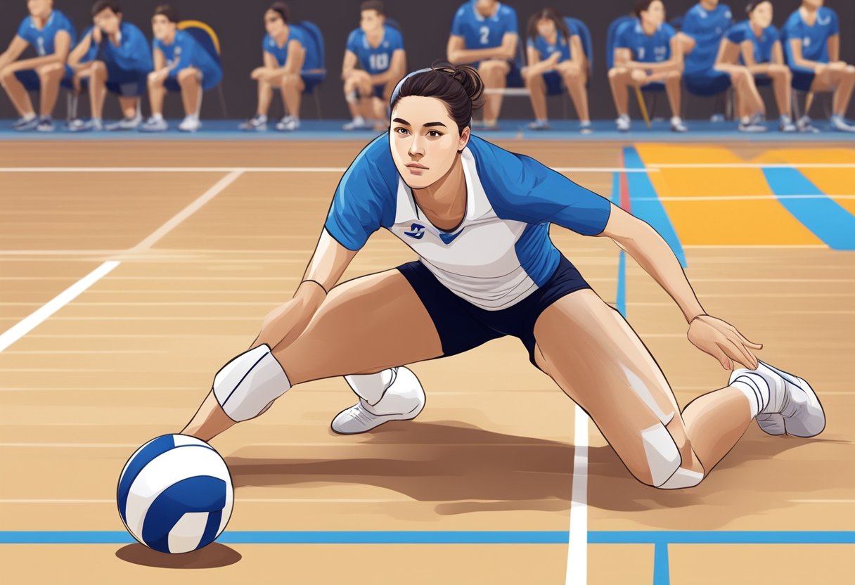 A libero in volleyball, wearing a distinctive uniform, crouches low to the ground, ready to receive a powerful serve