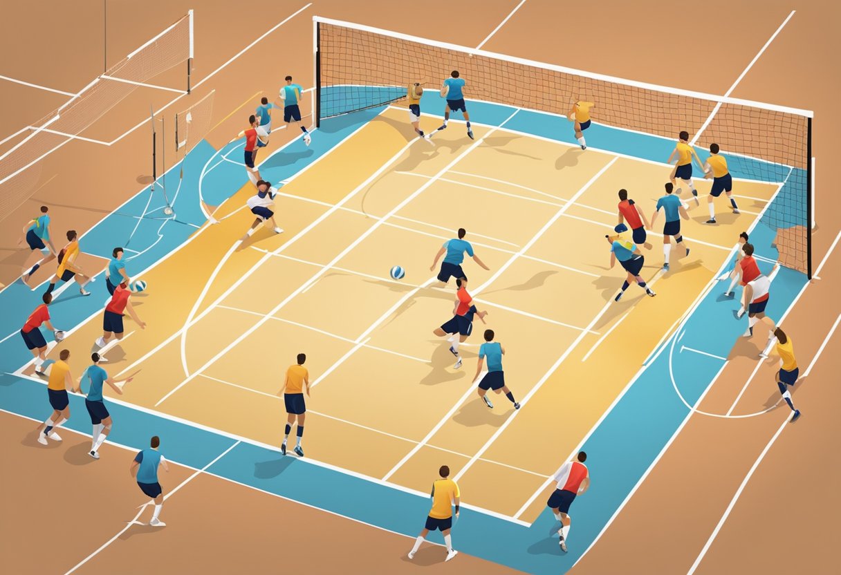 A volleyball court with players in motion, one player wearing a different colored jersey and moving freely in the back row