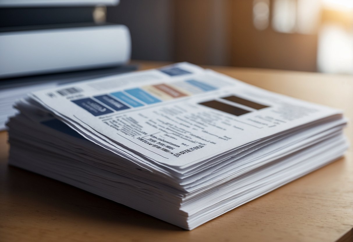 A stack of documents with "Références Normatives et Ressources Complémentaires index TP02" printed on the cover, surrounded by public procurement symbols