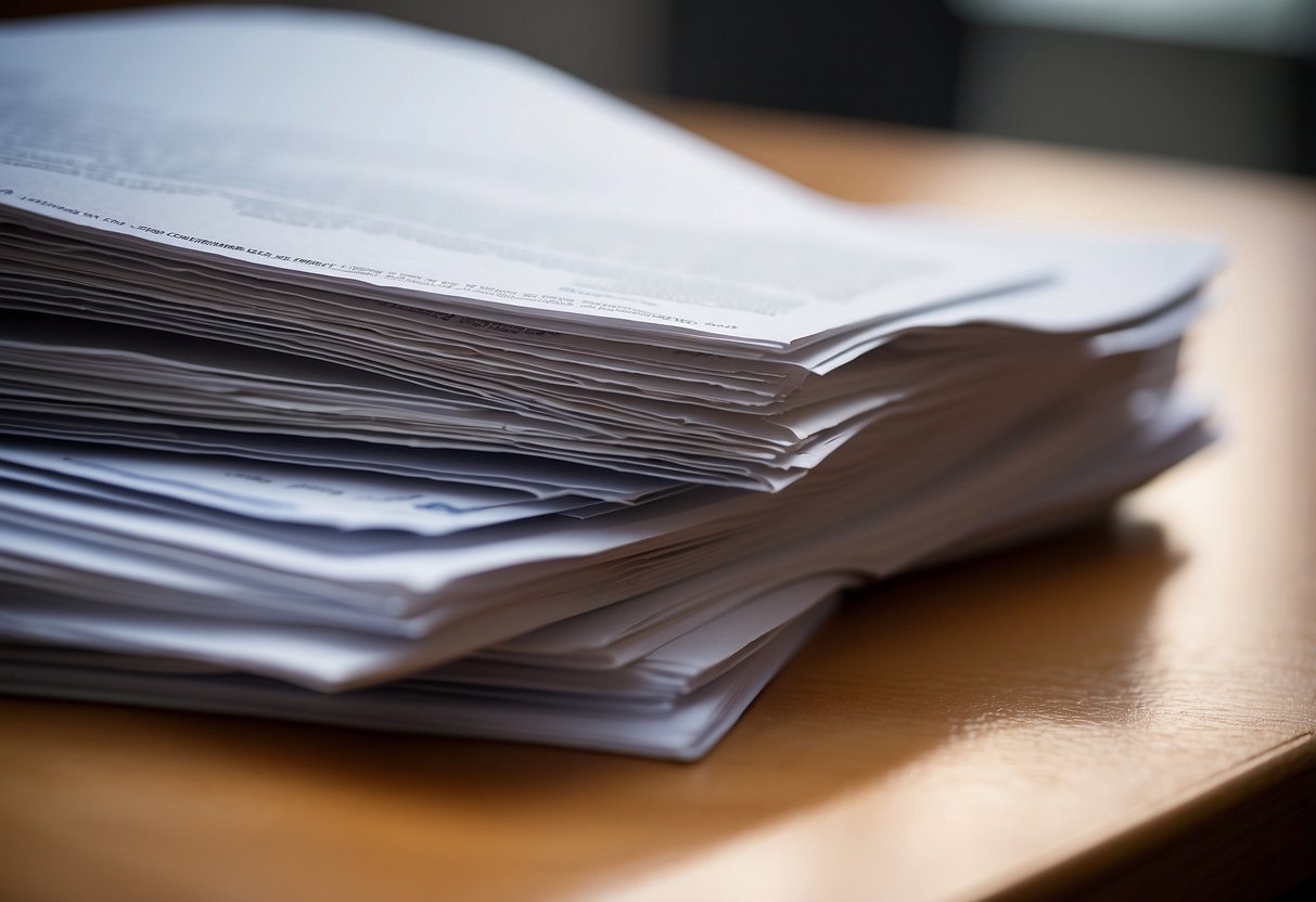 A stack of public procurement documents with the title "Compréhension des Marchés Publics index TP03a & marchés publics" on a desk