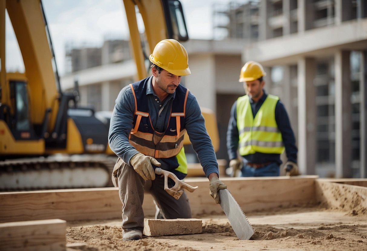 A construction site with workers renovating and rehabilitating a building according to TP03a standards for public contracts