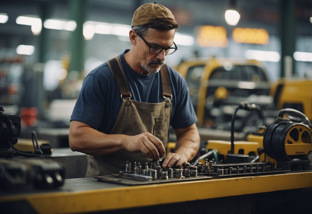 A technician using tools to perform maintenance on industrial equipment in a public market setting