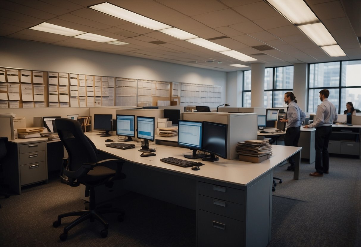 A bustling office with people reviewing documents and discussing government contracts. Shelves filled with files and a large bulletin board displaying public work projects