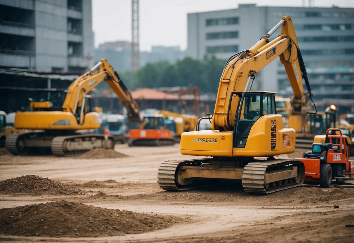 A construction site with various equipment and materials, such as cranes, concrete mixers, and scaffolding, surrounded by a bustling market for public procurement