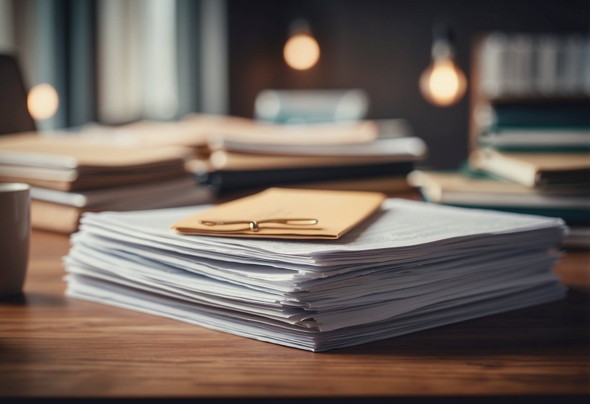 A stack of papers with "Frequently Asked Questions index TP03b & marchés publics" printed on the cover, surrounded by office supplies