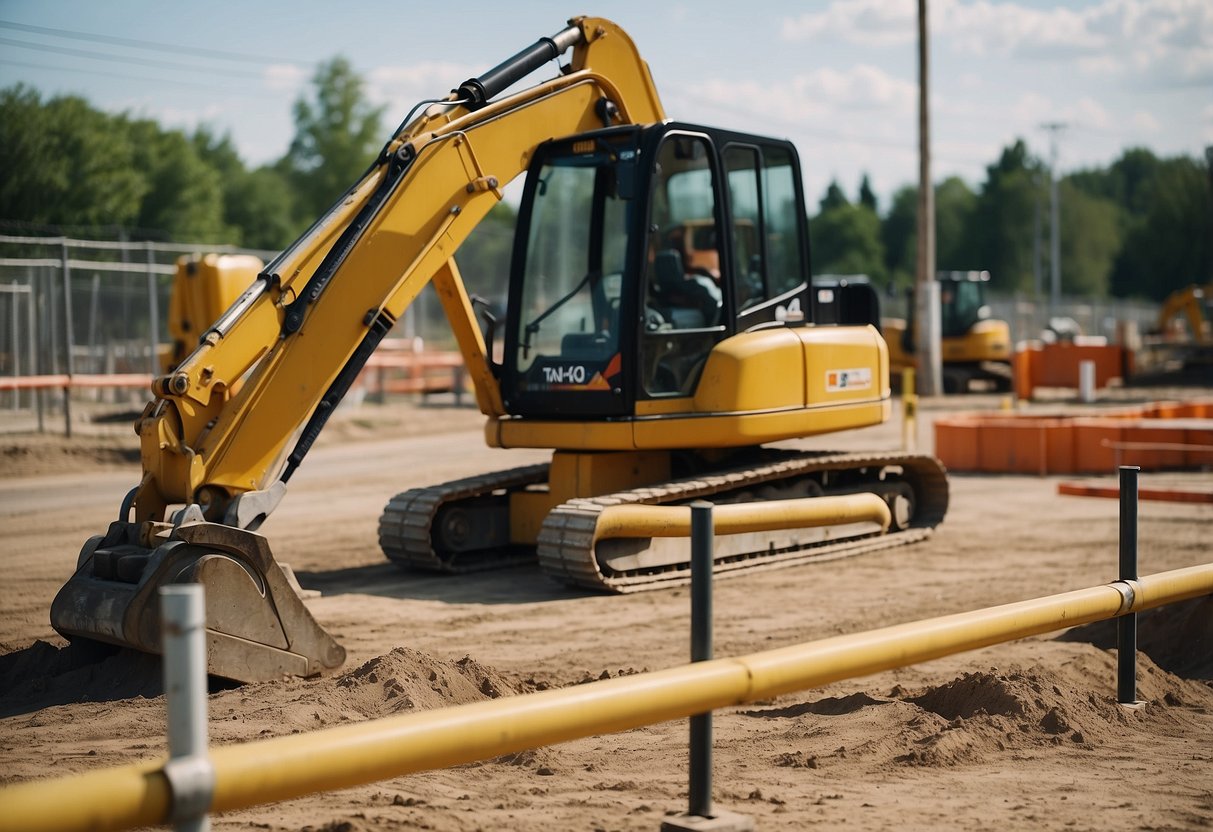 A construction site with equipment and materials, surrounded by fencing and signage for public works projects