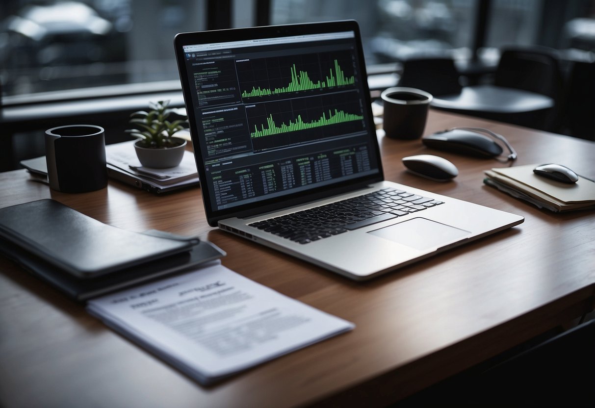 A desk with legal documents, financial reports, and a computer displaying TP04 index and public markets data