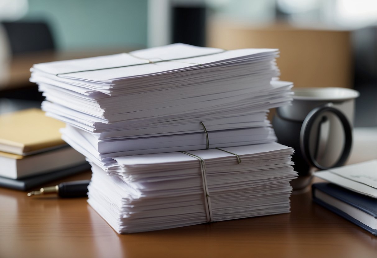 A stack of paper with "Frequently Asked Questions index TP04 & marchés publics" printed on the cover, surrounded by office supplies