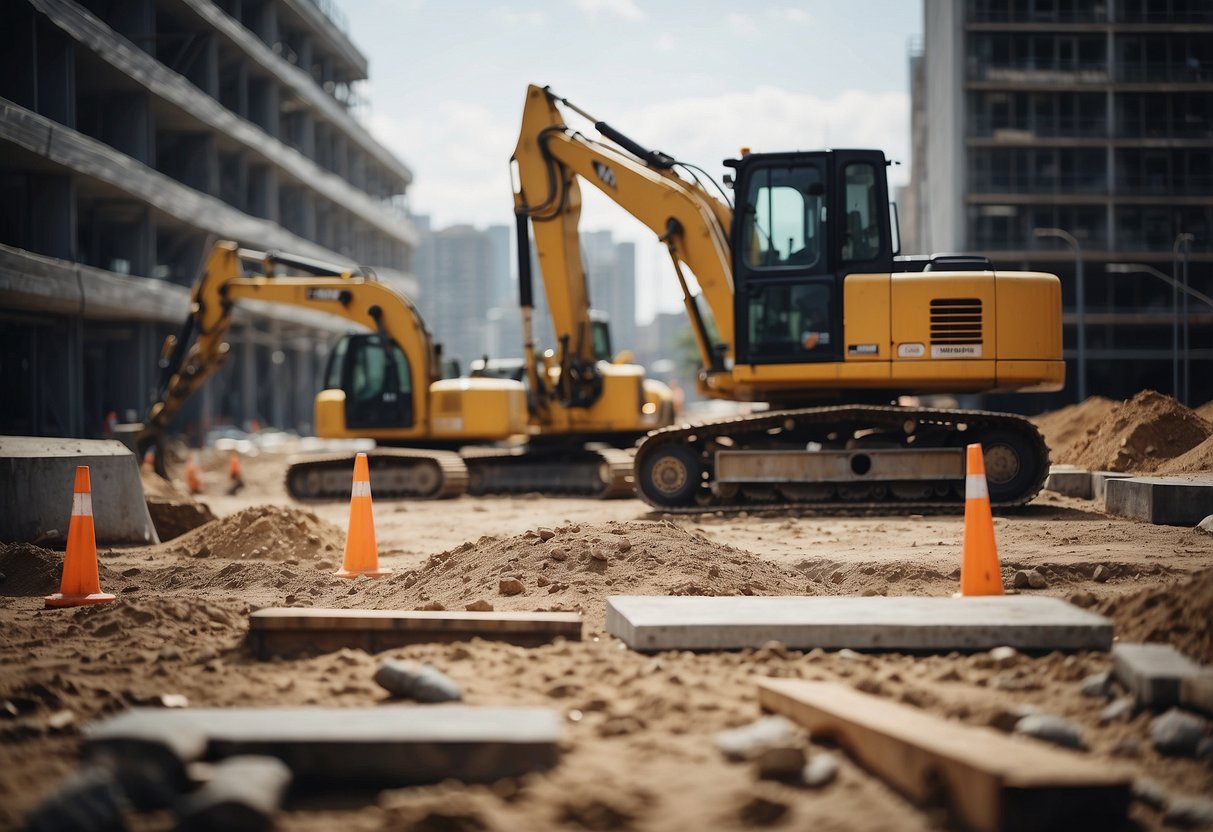 A construction site with heavy machinery, workers in hard hats, and a large public works project underway