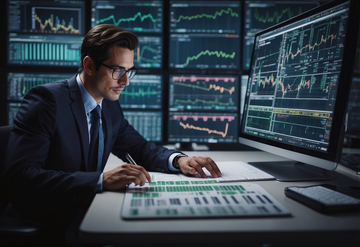 A person calculating and reviewing TP05a indices and public markets, surrounded by financial charts and data