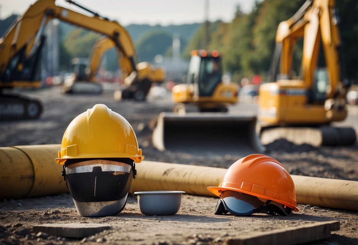 A construction site with equipment and materials, a road being built, and a sign displaying "TP05a & public contracts" in the background