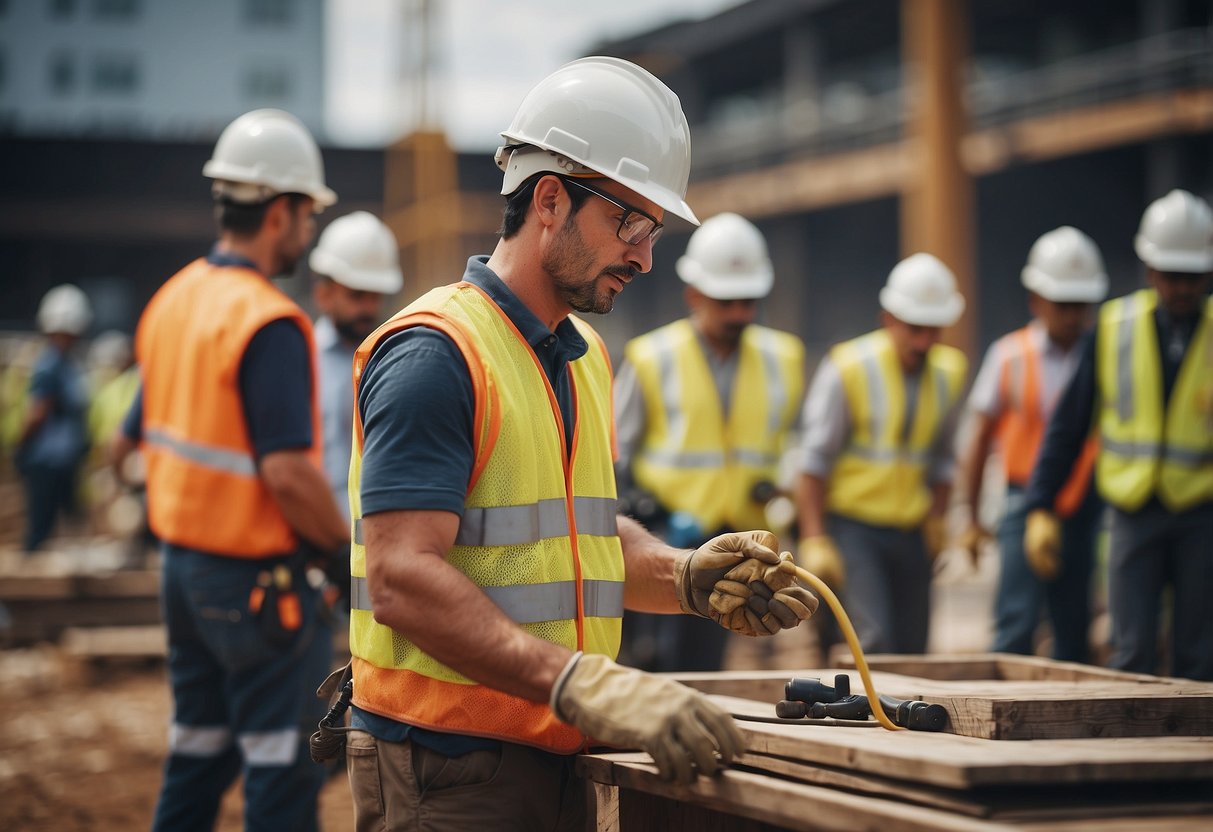 A bustling construction site with various workers and machinery, indicating the different types of construction work and specific indicators for public contracts