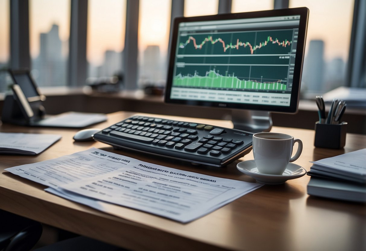 An office desk with a computer, calculator, and documents related to TP05b indices and public markets