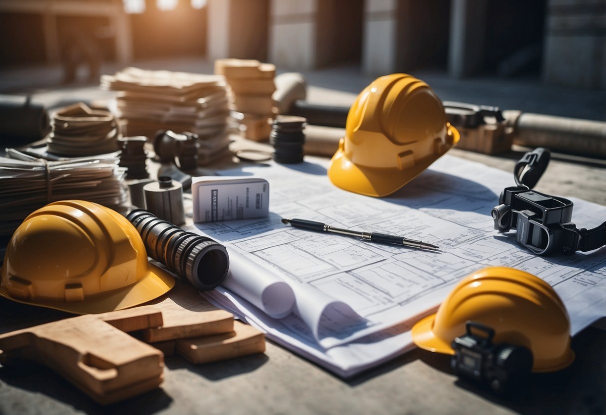 A construction site with various building materials and equipment, surrounded by blueprints and documents related to public procurement