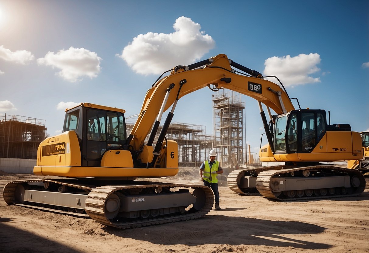 A construction site with machinery and materials, labeled "TP06a" and "public works sector" for public contracts illustration